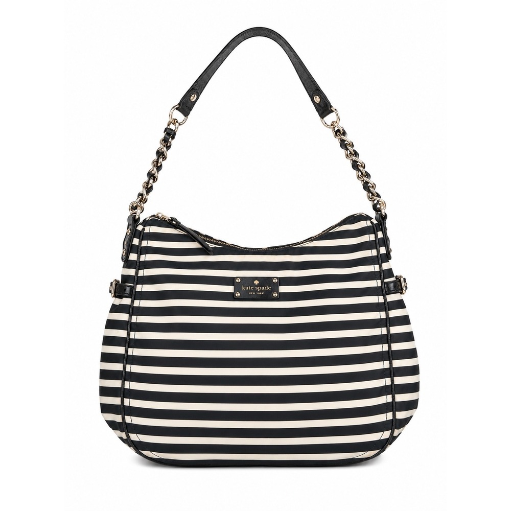 Kate Spade Vintage Y2K Black White Striped Nylon Shoulder Bag Chain Strap Purse
